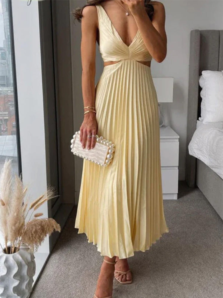 Women's V-Neck Backless Pleated Long Dress - Hollow Waist Design