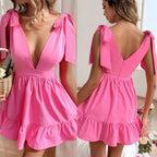 V Neck Solid Color Dress With Lace Up Front High Waist Short Skirt