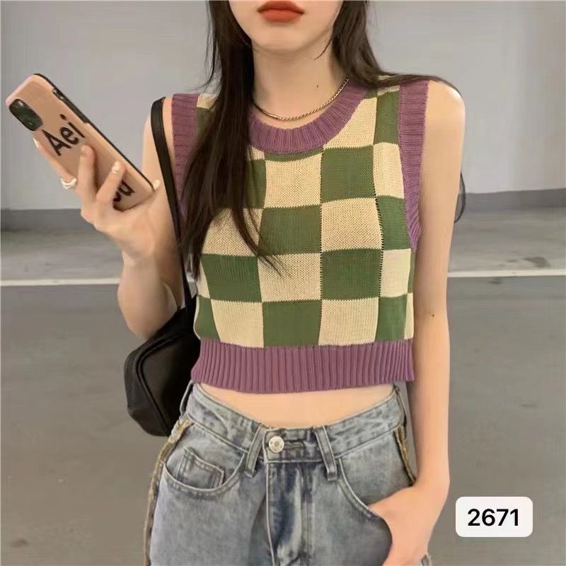 Plaid Square Knitted Camisole Soft Viscose Slim Fit Free Size
