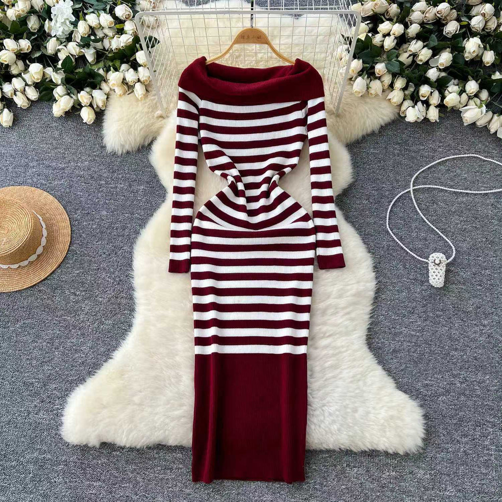 Elegant Slim-fit Sheath Stripes Knitted Dress