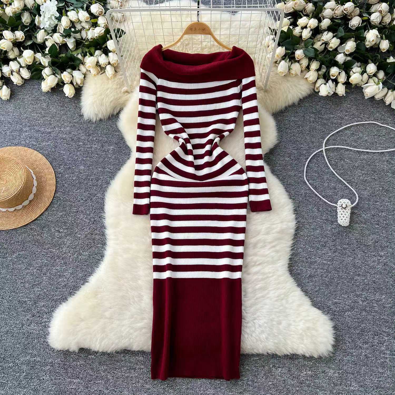 Elegant Slim-fit Sheath Stripes Knitted Dress