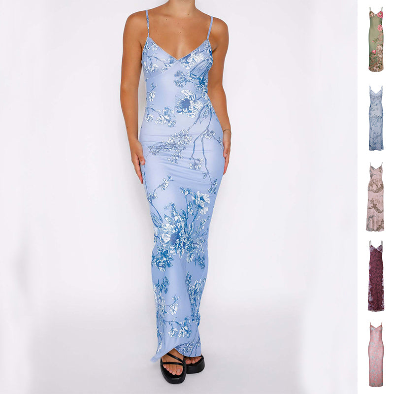 Y2K Slim Floral Print Slip Dress  Maxi