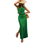 Emerald Green Sleeveless Vest Top And Skirt Set Relaxed Two Piece Outfit With Pocket Detail