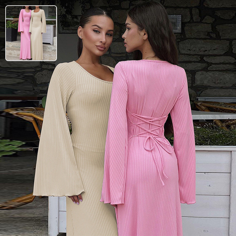Women's U-Neck Lace-Up Back Princess Dress with Bell Sleeves