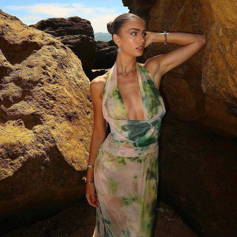 Women's 2-Piece Tie-Dye Halter V-Neck Backless Dress