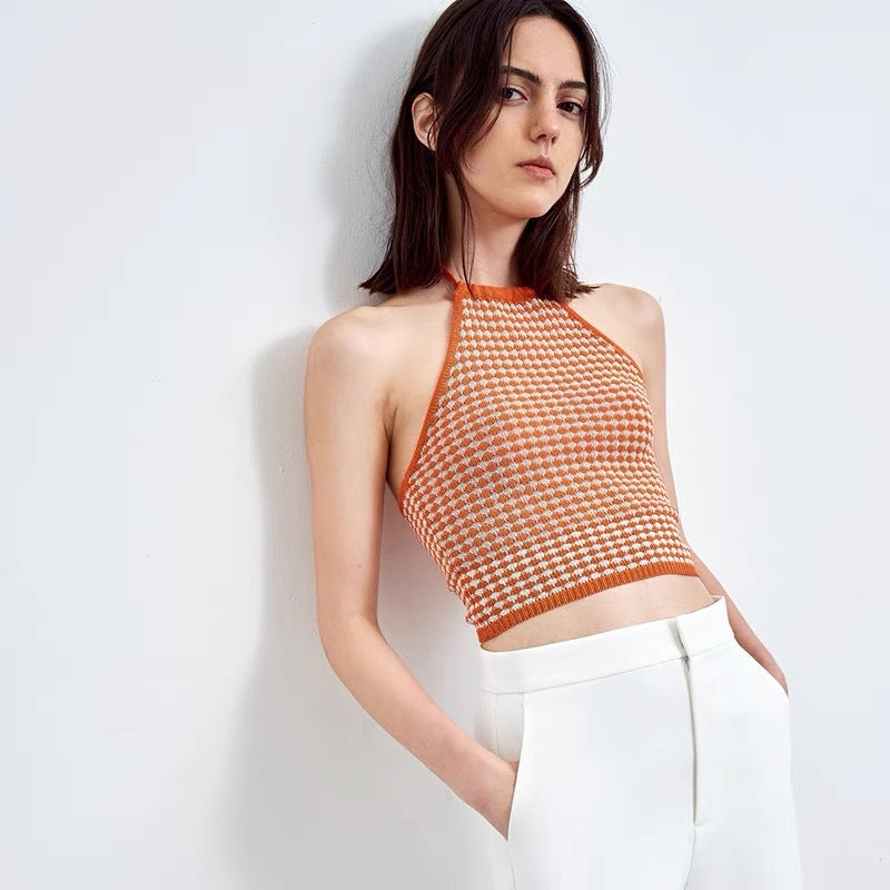 Chic Sleeveless Knit Check Lace Camisole Top