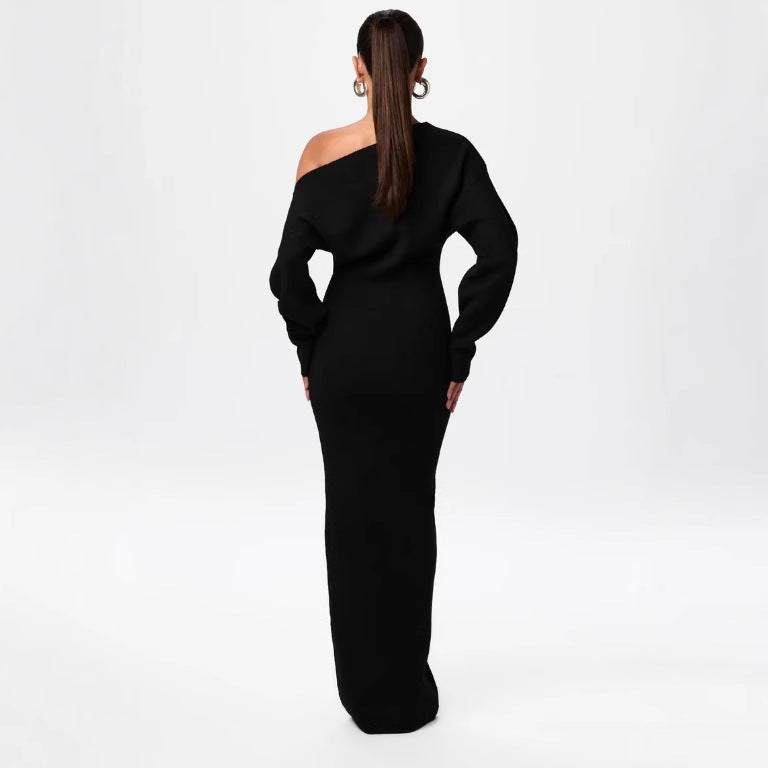 Slim Off-Shoulder Knitted Bodycon Long Sleeve Maxi Dress