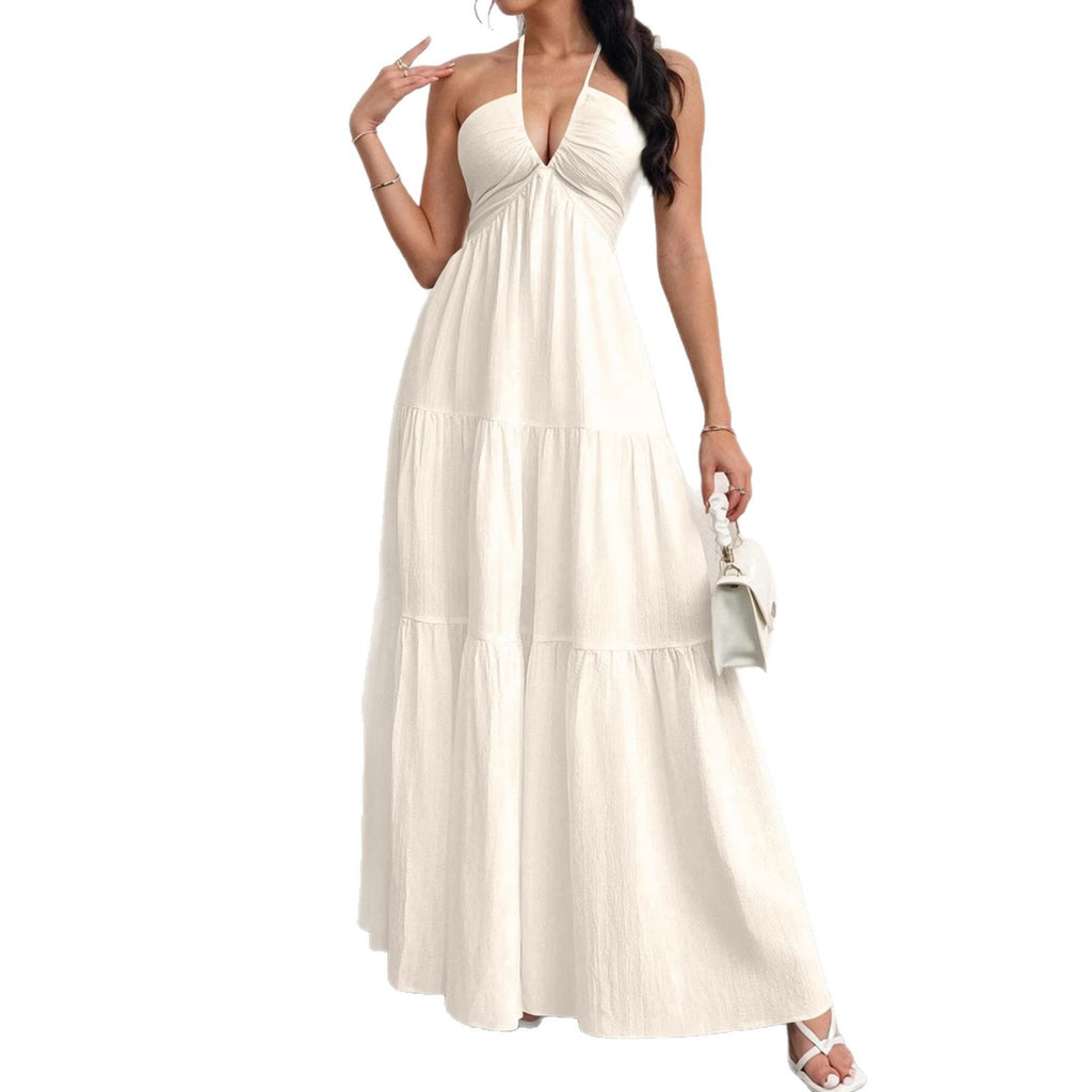 Backless Halter Neck A-Line Maxi Dress With Pleated Skirt For Beach Vacation