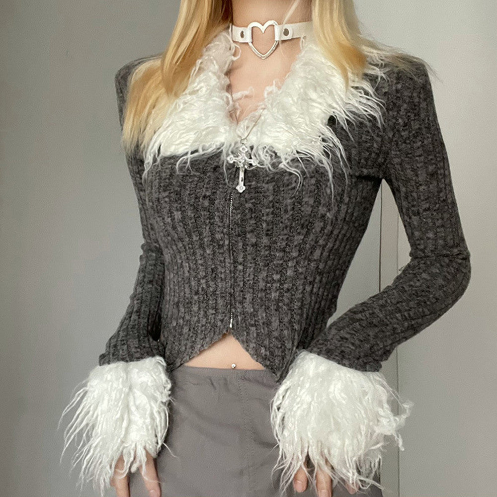 Chic Cropped Zipper Long Sleeve Top In Grey With Sculpted Slim Fit