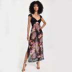 Women's V-Neck Lace Floral Print Midi Dress
