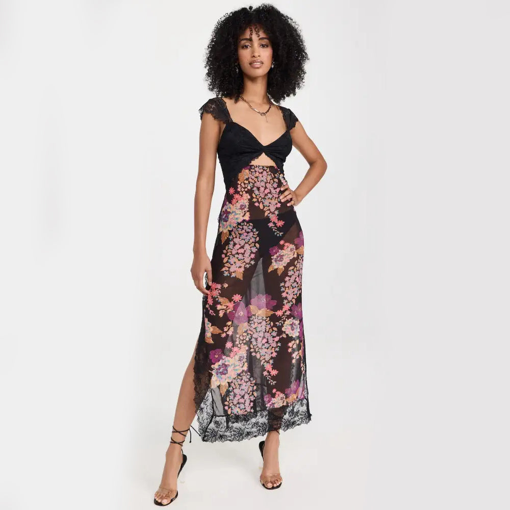 Women's V-Neck Lace Floral Print Midi Dress