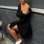Women's V-Neck Long Sleeve Knitted A-Line Mini Dress