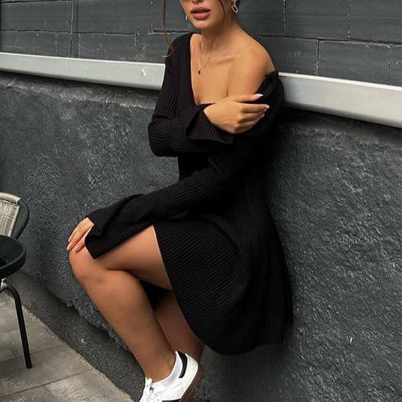 Women's V-Neck Long Sleeve Knitted A-Line Mini Dress