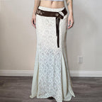 Milky White Slimming Mesh Fishtail Skirt With Lace Detail For Women