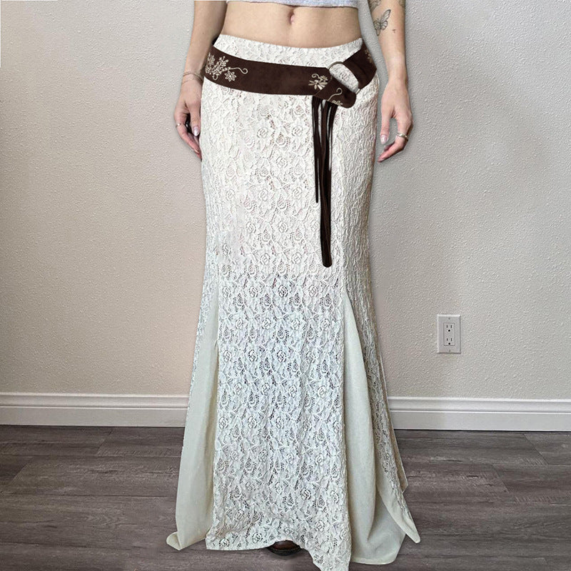 Milky White Slimming Mesh Fishtail Skirt With Lace Detail For Women