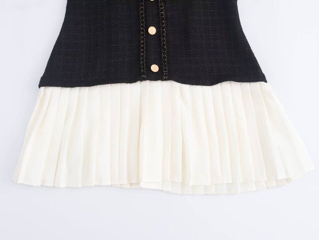Retro Pleated Dress With Patchwork Stitching And Wide Waist