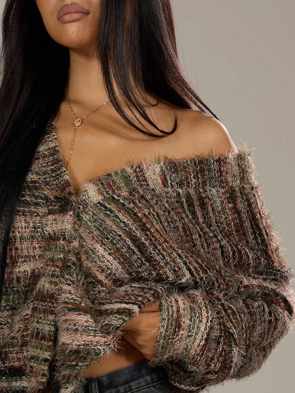 Cozy Stripe Knitted Button Cardigan Cropped V Neck Sweater For Women