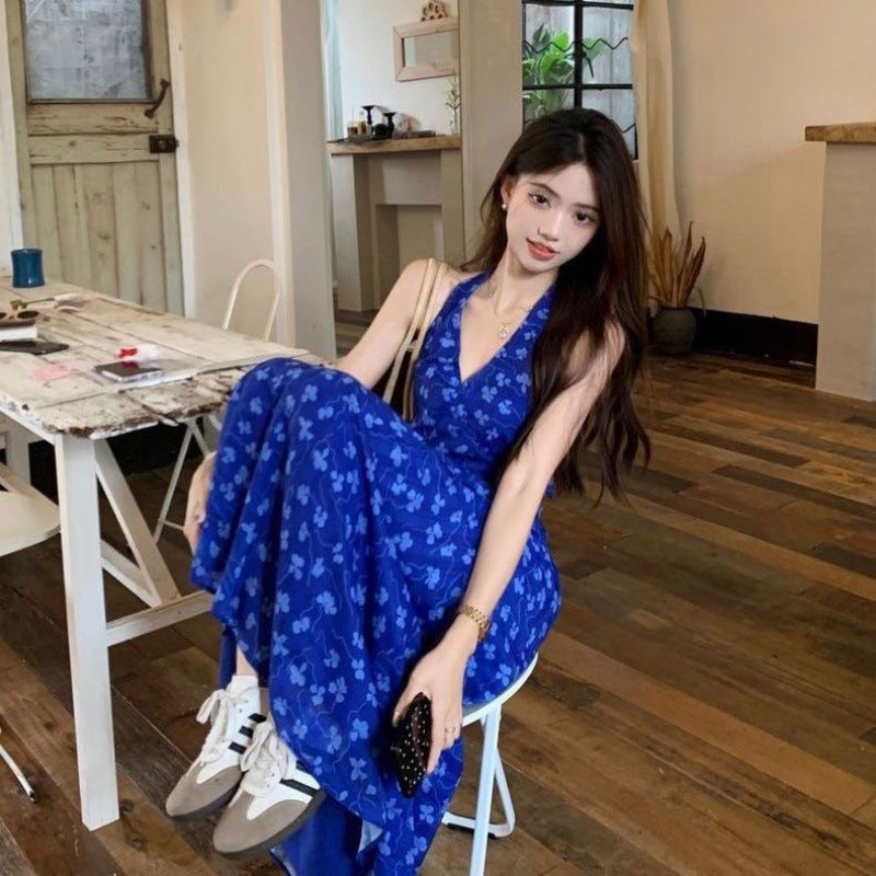 French Blue Floral Strap A Line Sundress