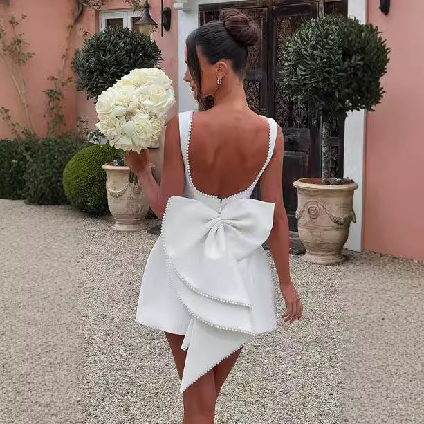 Women's Pearl Bow Backless A-Line Dress