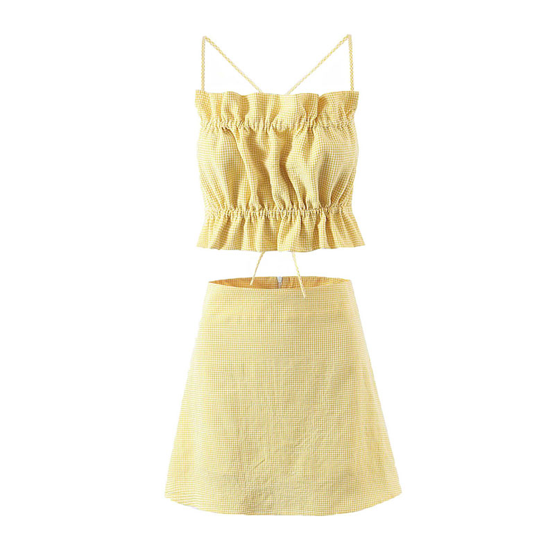 Yellow Plaid Cropped Top And Skirt Set