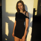Women's One-Shoulder Slim Hip Mini Dress - Solid Color Short Sleeve