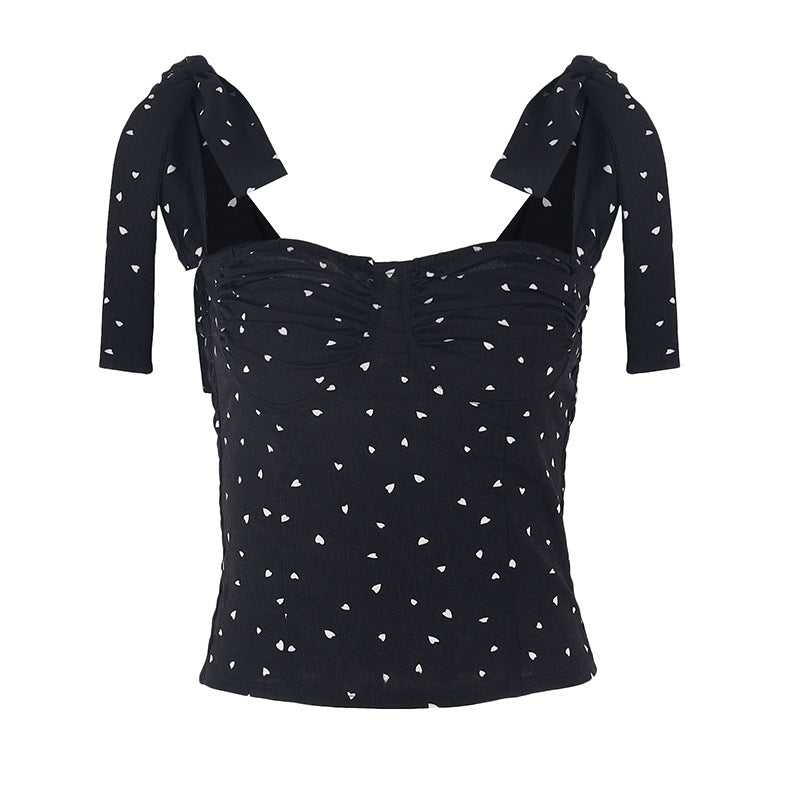 Chic Dot Strap Top With Lace Up Details And Square Collar