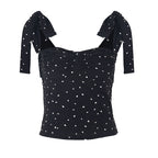 Chic Dot Strap Top With Lace Up Details And Square Collar