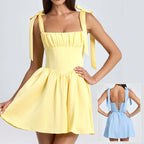 Chic Backless Bow Tie Strap Dress With High Waist Square Collar