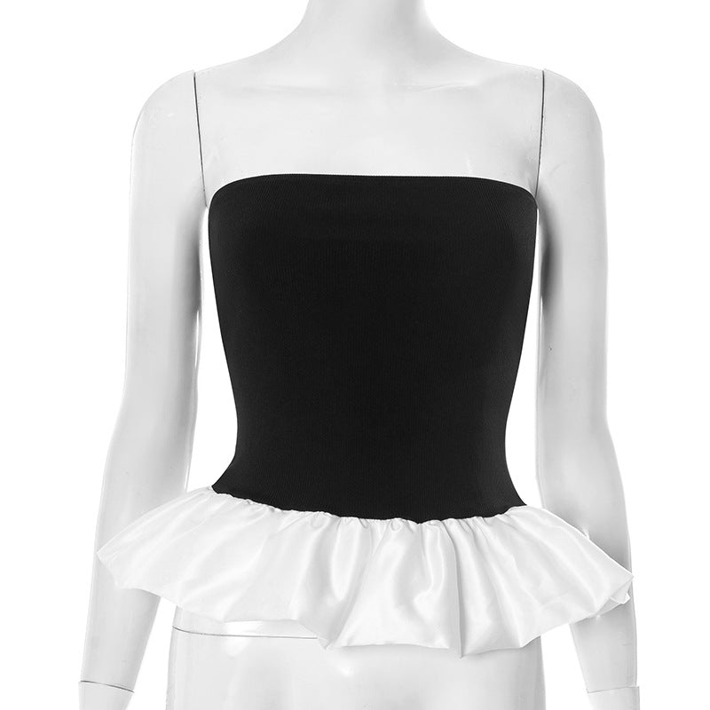 Chic Patchwork Bandeau Top With Ruffles Slim Fit Black