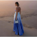 Chic Gradient Blue Sleeveless Dress With Wide Waist