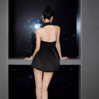 Elegant Black Floral Halter Dress For Women Short Silhouette