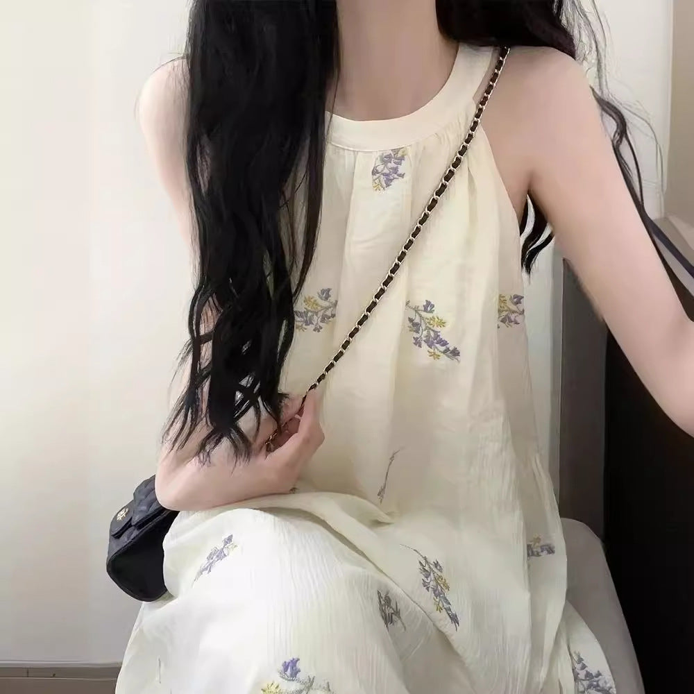 Artistic Retro Sleeveless Halter Sling Dress