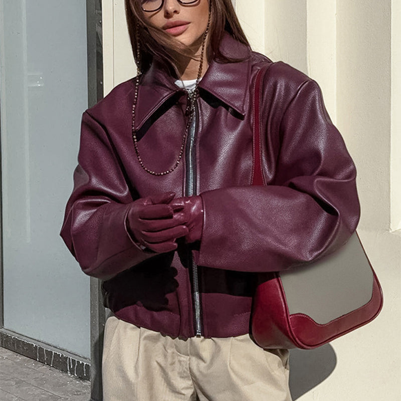 Elevated Casual Faux Leather Jacket With Lapel Zipper For Women
