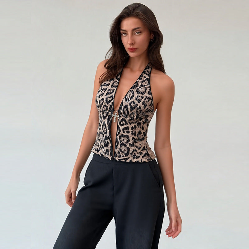 Leopard Print Sleeveless Halter Vest For Women In Chic Silhouette