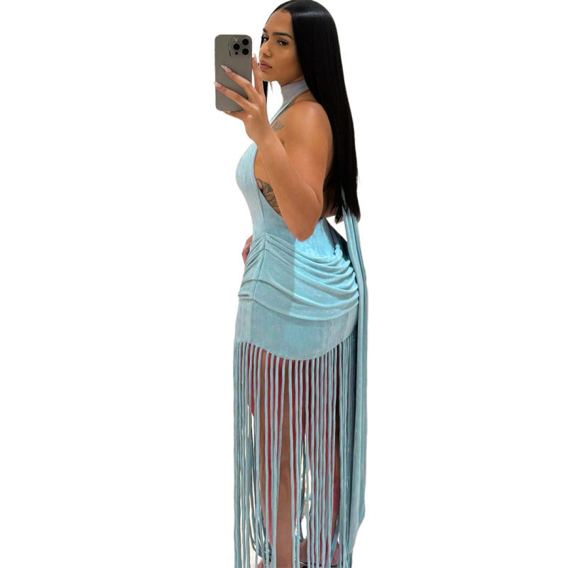 Tassel Backless Maxi Dress With High Waist And Open Back