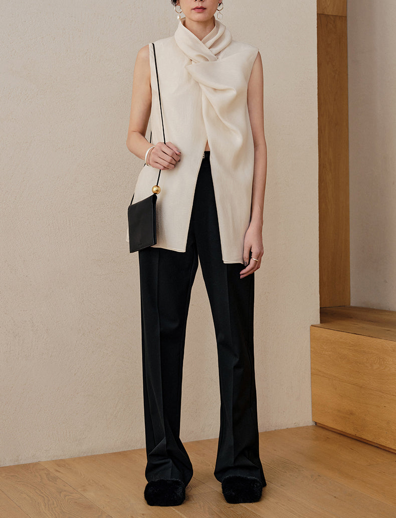 Vintage Asymmetric Collar Top With Front Slit In Silky