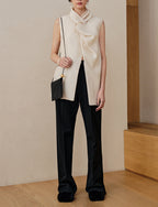 Vintage Asymmetric Collar Top With Front Slit In Silky