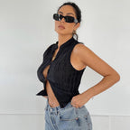Elegant Solid Color Cropped Cardigan Tank Top For Ladies With Exposed Navel Knitted Slim