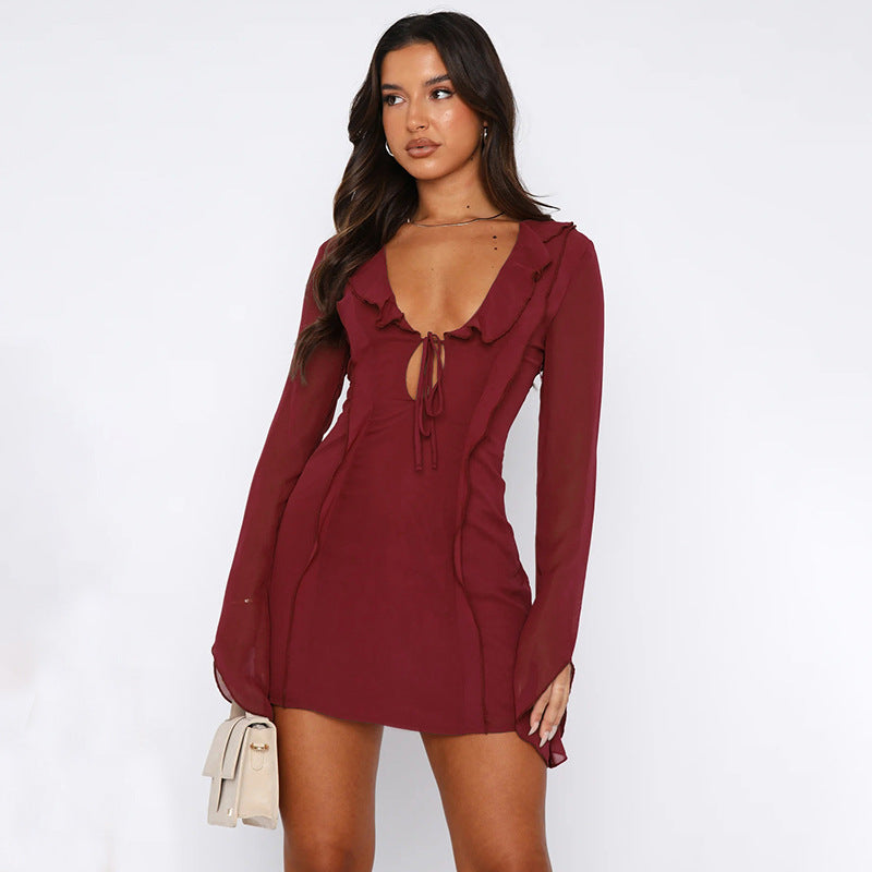 Women's Y2K Ruffled V-Neck Lace-Up Mini Dress