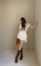 Sweet Spicy Cotton Dress With Collar Flounced Skirt And Ruffle Detail