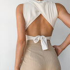 Lace-Up Tank Top For Women Round Neck Slim Fit Cotton Blend Crop Top