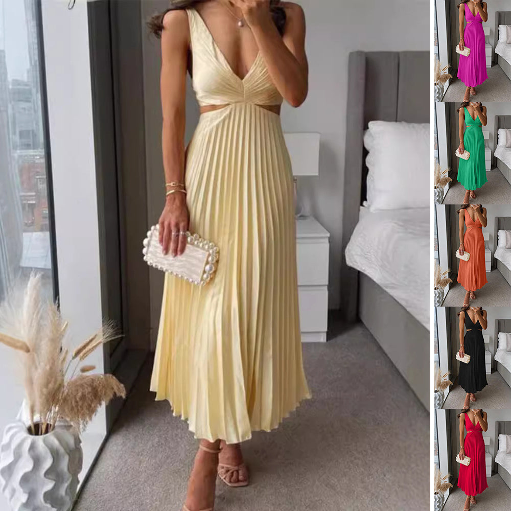 Women's V-Neck Backless Pleated Long Dress - Hollow Waist Design