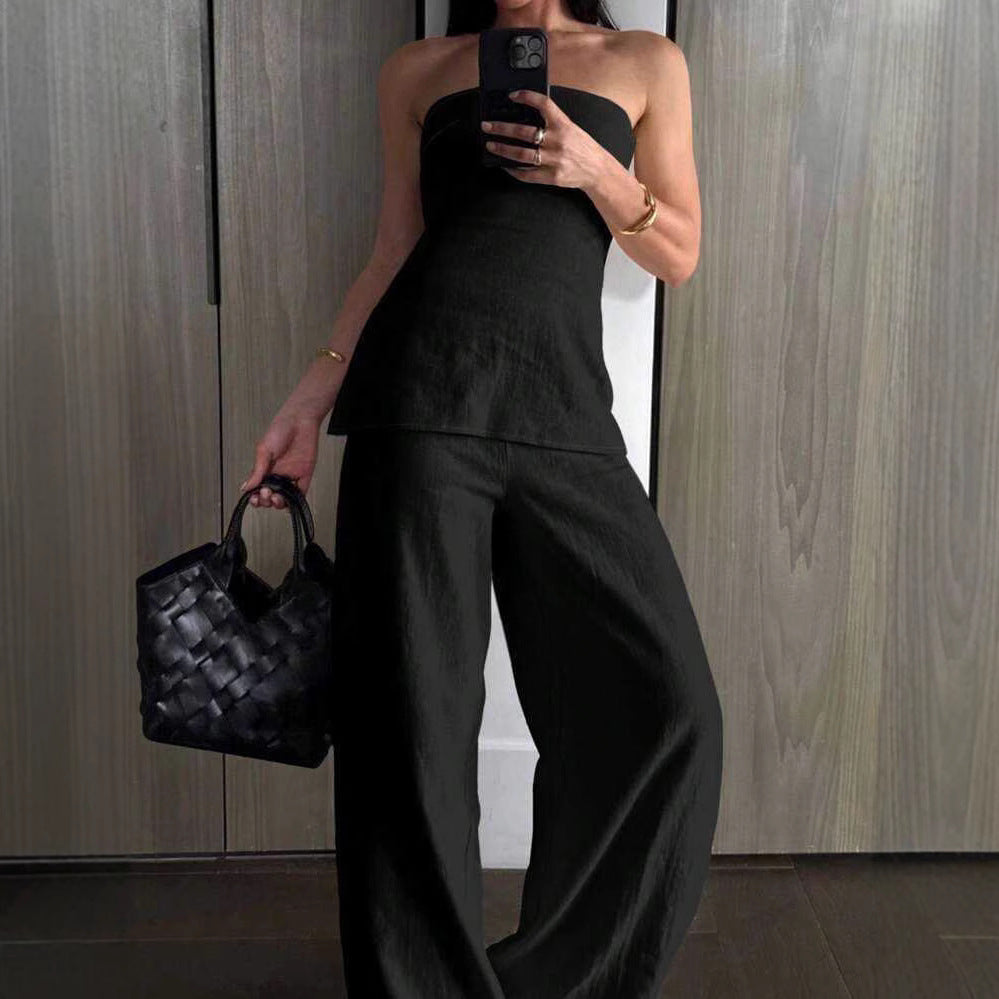 Two Piece Tube Top And Tailored Pants Set In Solid Polyester With Elevating Silhouette