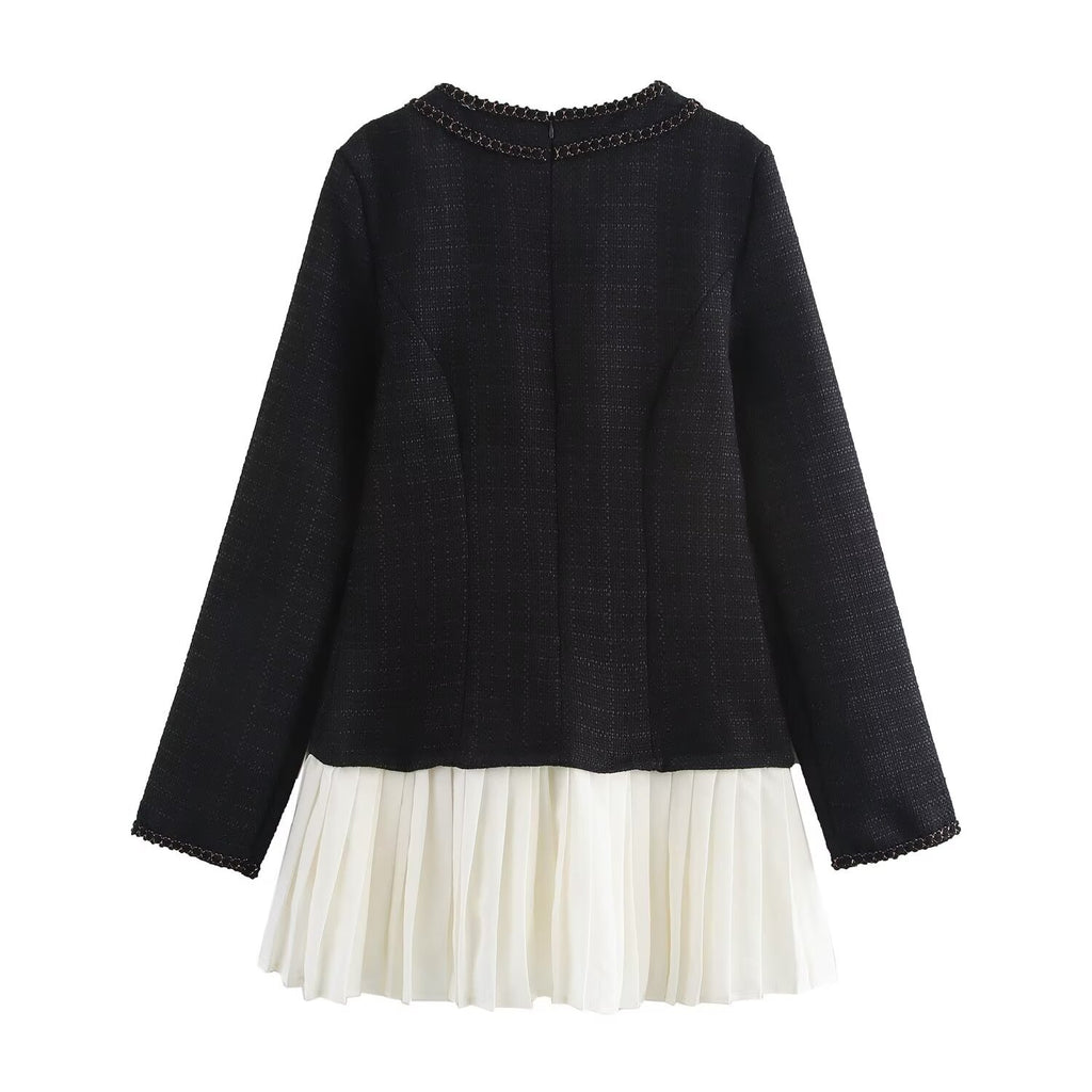 Retro Pleated Dress With Patchwork Stitching And Wide Waist