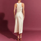 Apricot Satin High Waist Dress With Spaghetti Straps Sleeveless