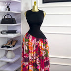 Black Lace Up Summer Dress With Playful Print Detail High Waist