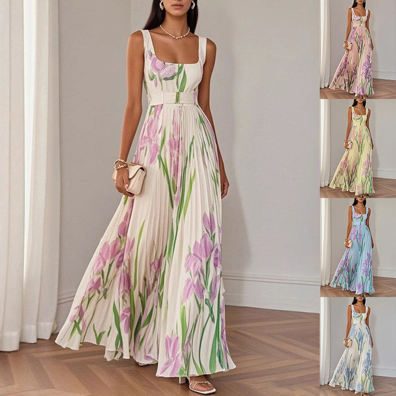 Floral Print Pleated A-Line Sleeveless Midi Dresses