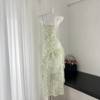 Malt Green Floral Chiffon Dress With Spaghetti Straps Flounced Midi Skirt Retro Art Vibe