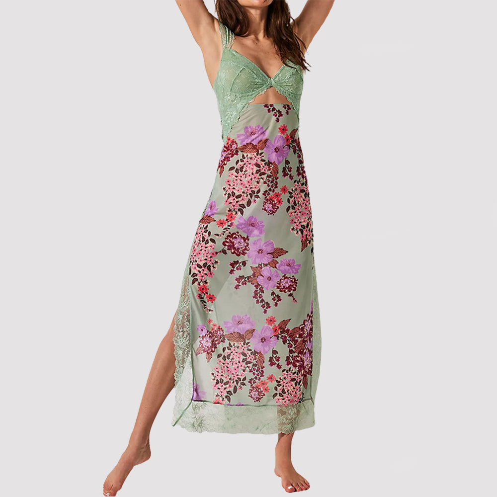Women's V-Neck Lace Floral Print Midi Dress