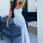 Women's Floral Print V-Neck Backless Fishtail Maxi Dress